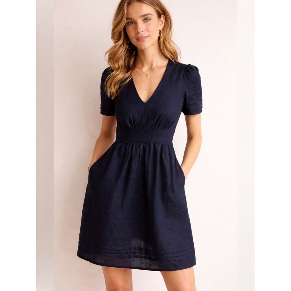NEW Boden Navy Blue 100% Linen V-Neck Puff Sleeve Mini Dress